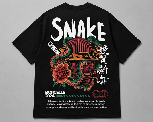 Snake Samurai Graphic T-Shirt – Japanese Streetwear Oversized T-Shirt | Vintage Snake, Rose & Katana Back Print